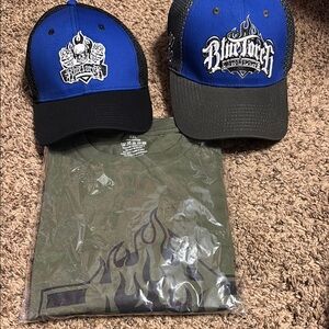 New Bundle of 2 Blue torch motor sports Caps and Green Flame T-Shirt size xxl
